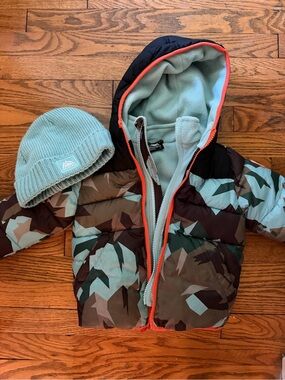 Snozu Teal, Brown & Coral Camouflage Puffer Jacket with Hood